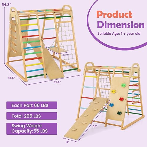Miniatura 8 de INFANS Gimnasio interior de la selva, 8 en 1 para niños Montessori Indoor Playground Juego de escalada para niños pequeños con red de columpio