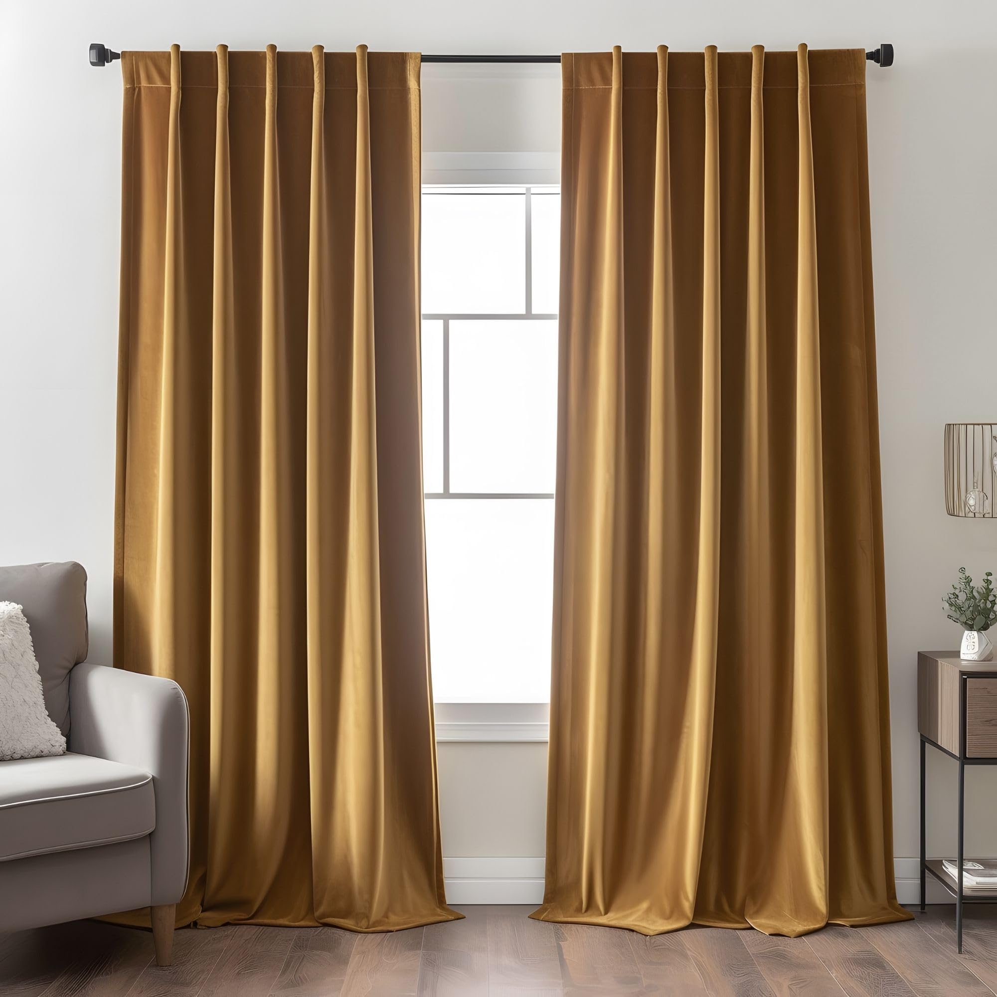 Aljctns Gold Brown Velvet Curtains 90 inches Long Luxury 80% Blackout Curtains for Bedroom Living Room,Thermal Insulated Super Soft Window Drapes Rod Pocket & Back Tab, 52" W x 90" L, 2 Panels