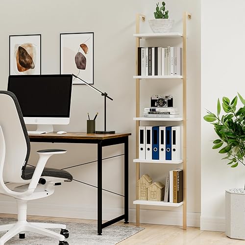 Miniatura 6 de NUMENN Estantería industrial con escalera de 5 niveles, estantería de montaje en pared de espacio abierto con marco de metal, estantes resistentes