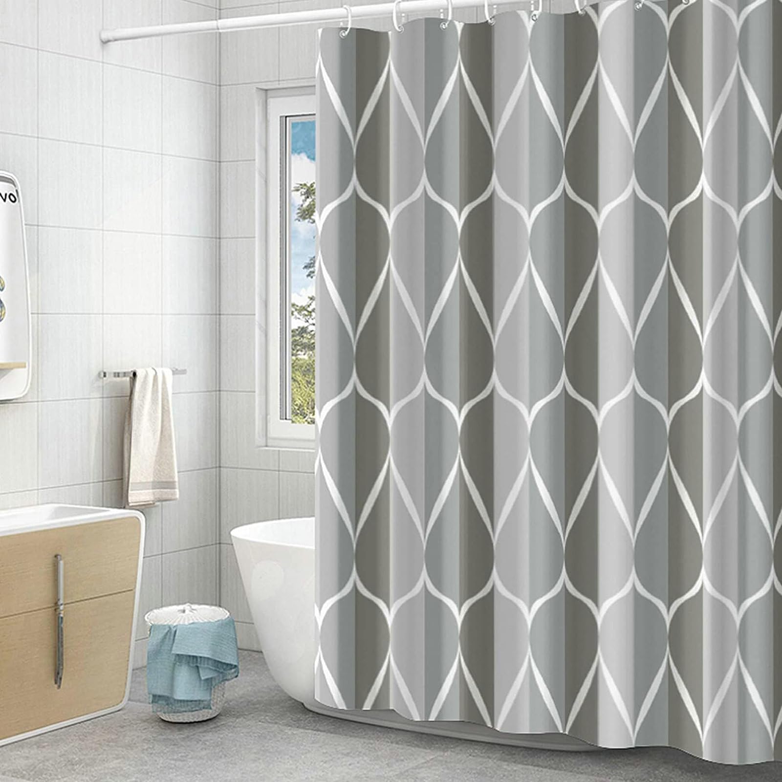 Bishilin Light Grey Shower Curtain Anti Mould 260x200CM for Bathroom with Wave Pattern, Waterproof and Machine Washable, Polyester Fabric