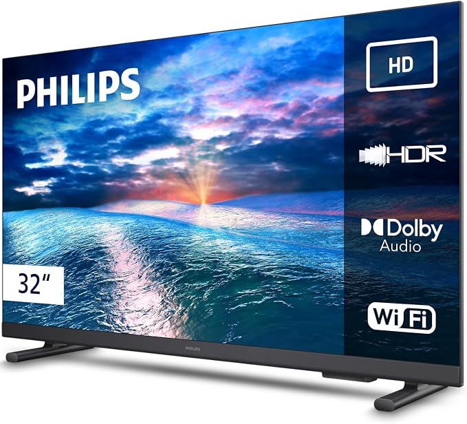 Vista em ângulo da Smart TV Philips 32 polegadas mostrando o design das bordas e suporte de base