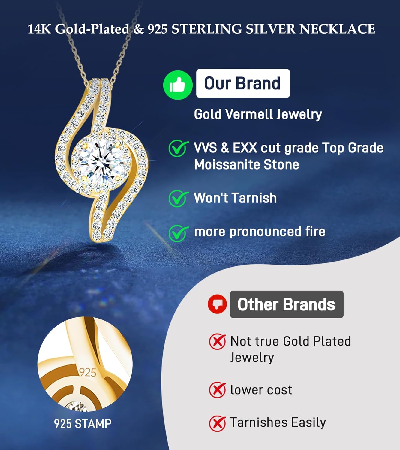 0.78 CT Round 0.55 CT Side Stones Brilliant Moissanite Diamond Pendant Necklace | S925 Sterling Silver Jewelry | Gold-Plated 18k Yellow | 18" Chain | Birthday Christmas Gift for Women Mom Girlfrend - Image 3