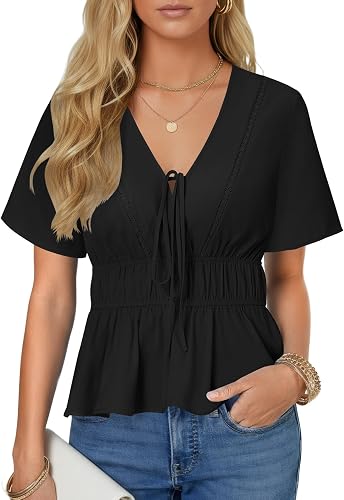 LYANER Women's Deep V Neck Sexy Blouse Top Black Medium