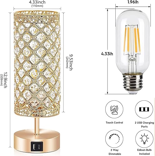 Miniatura 6 de Lámpara de mesa de cristal, lámpara de escritorio regulable K9 con control táctil, lámpara decorativa de cristal K9 con 2 puertos de carga USB