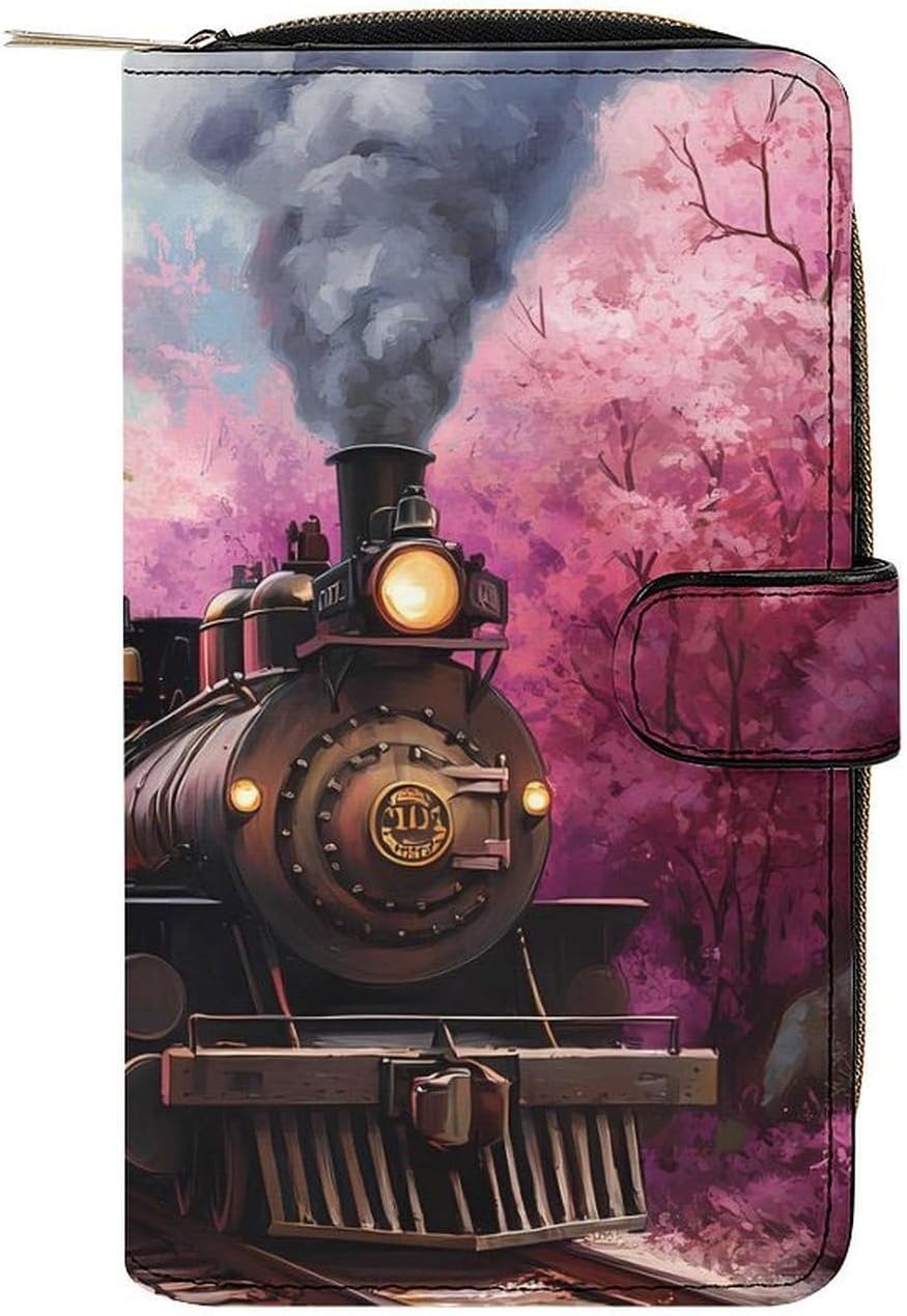 Train Floral Print Women's Long Wallet Leather Large Capacity Wristlet Clutch Purse Wallets