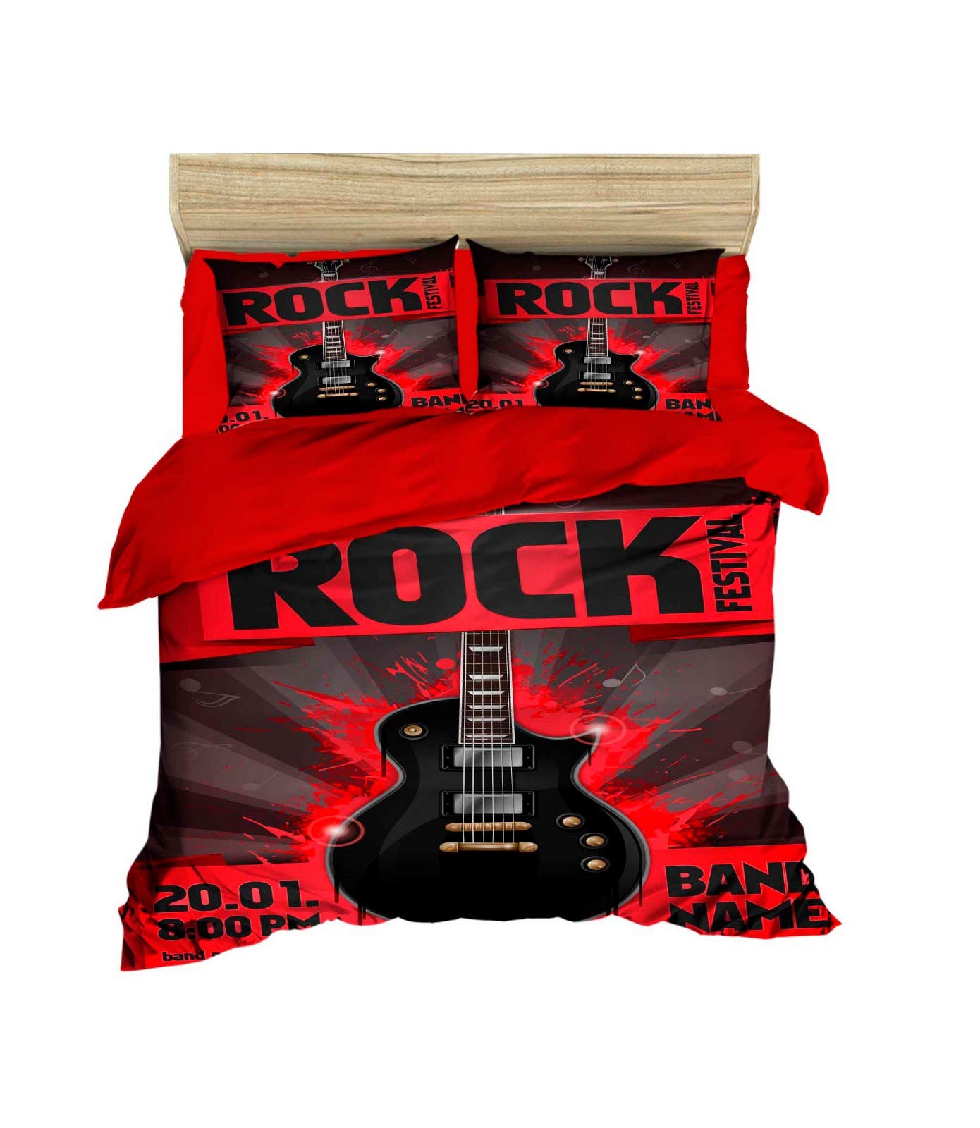 Set di biancheria da letto in 100% cotone con motivo musica 3D, motivo chitarra rock, set copripiumino per letto matrimoniale/matrimoniale, colore rosso, senza lenzuolo con angoli (3 pezzi)