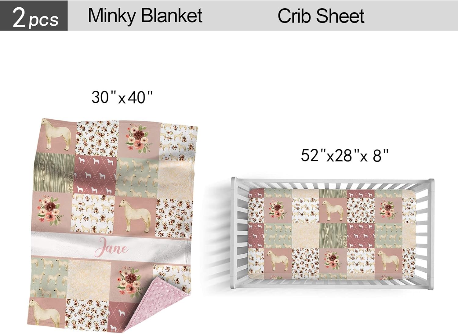 Personalized Crib Bedding Set for Baby Girls, Custom Baby Girl Crib Bedding Set with Name, Floral Horse Nursery Bedding, 2 Piece Baby Bedding Sets, Name Crib Comforter, Crib Fitted Sheets for Babies