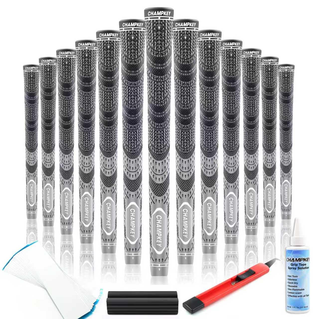 CHAMPKEY Premium Hybrid Golf Grips 13 Pack | All Weather Performance Golf Club Grips | Choose Between 13 Grips with 15 Tapse and 13 Grips with All Kits (Grey, Midsize) — image 1
