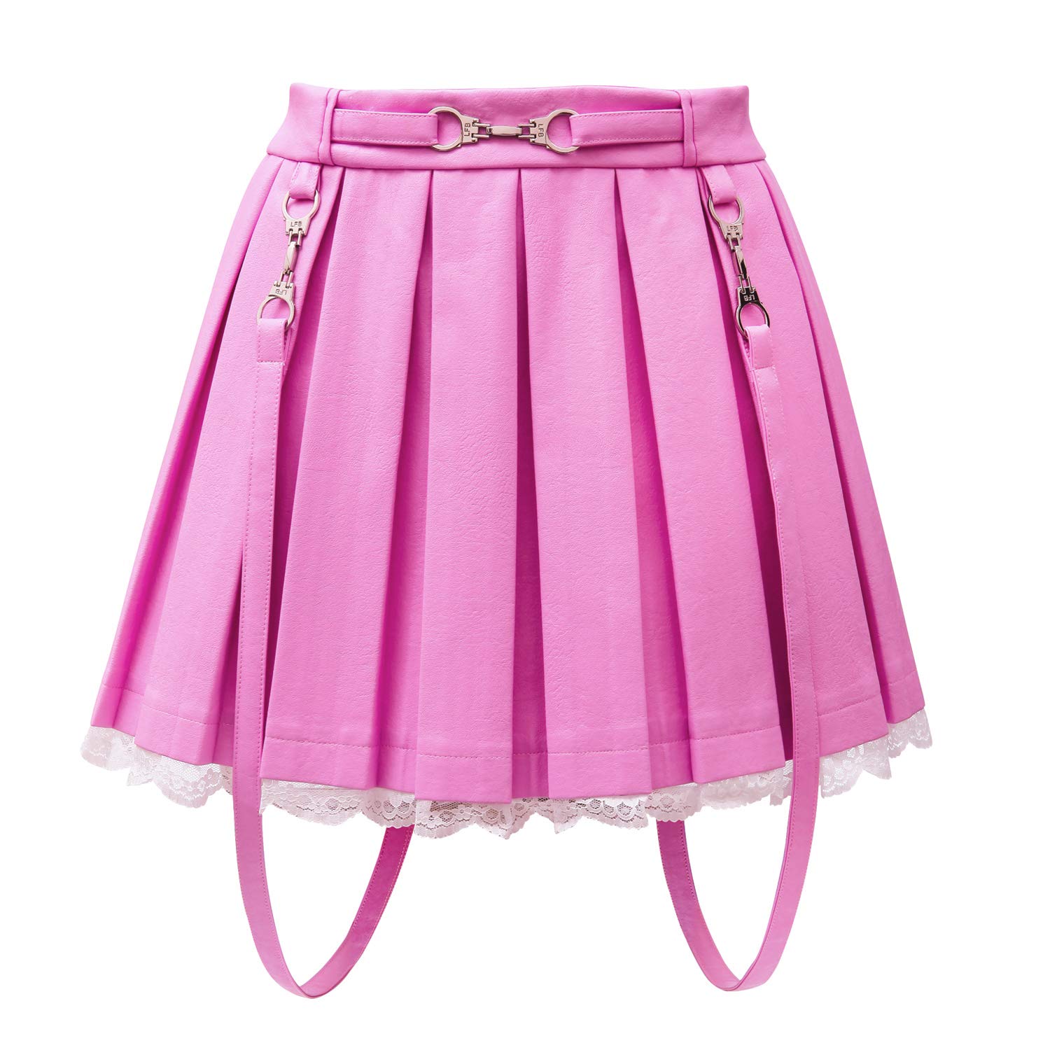 Littleforbig Women's A-Line Pleated Faux Leather Flared Casual Lace Trim Mini Skirts - Troublemaker: 3X-Large Pink