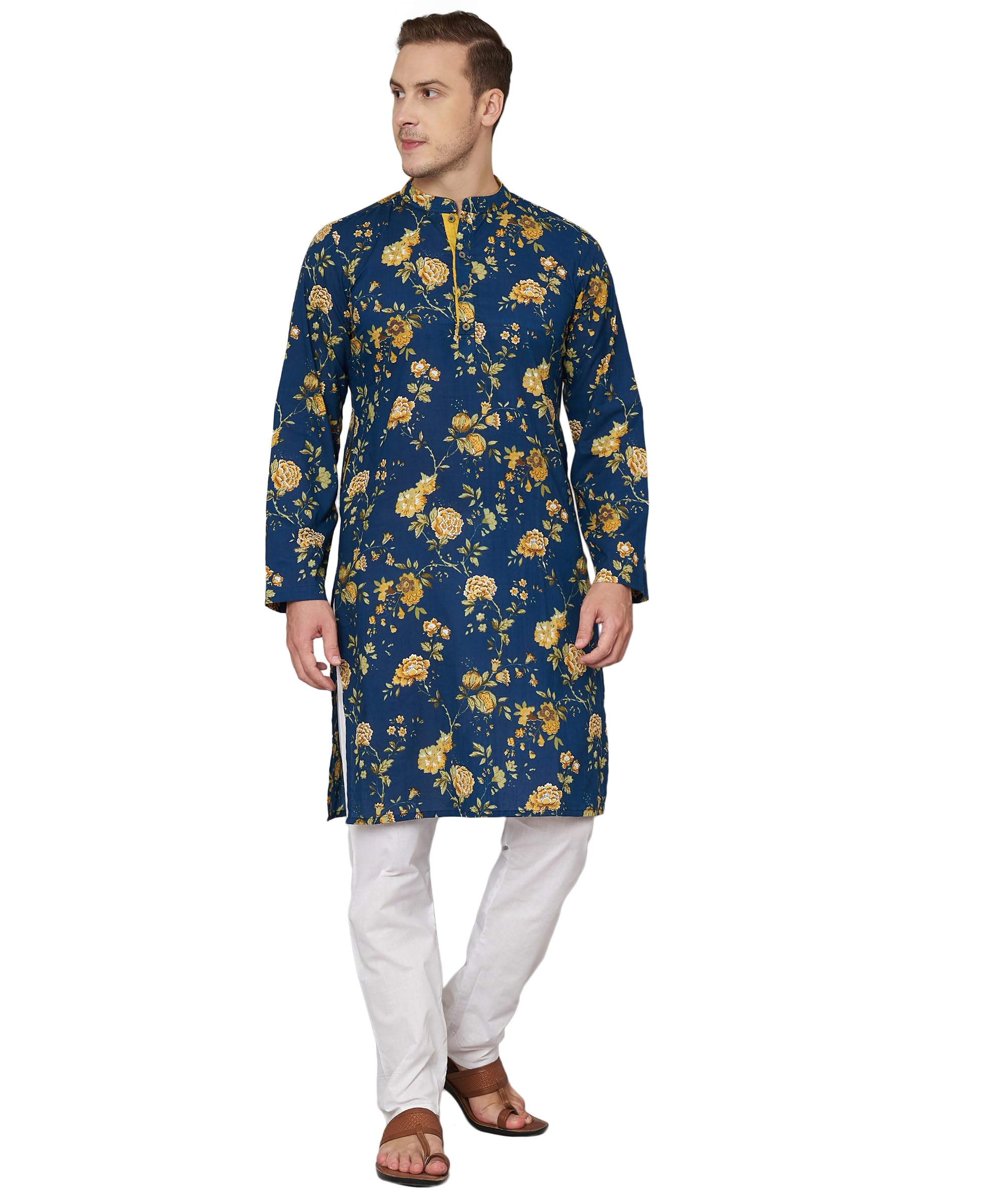 fabric fitoor Mens Cotton Navy Blue Color Floral Print Full Sleeves 2 Pockets Knee Length Long Kurta-picture-48
