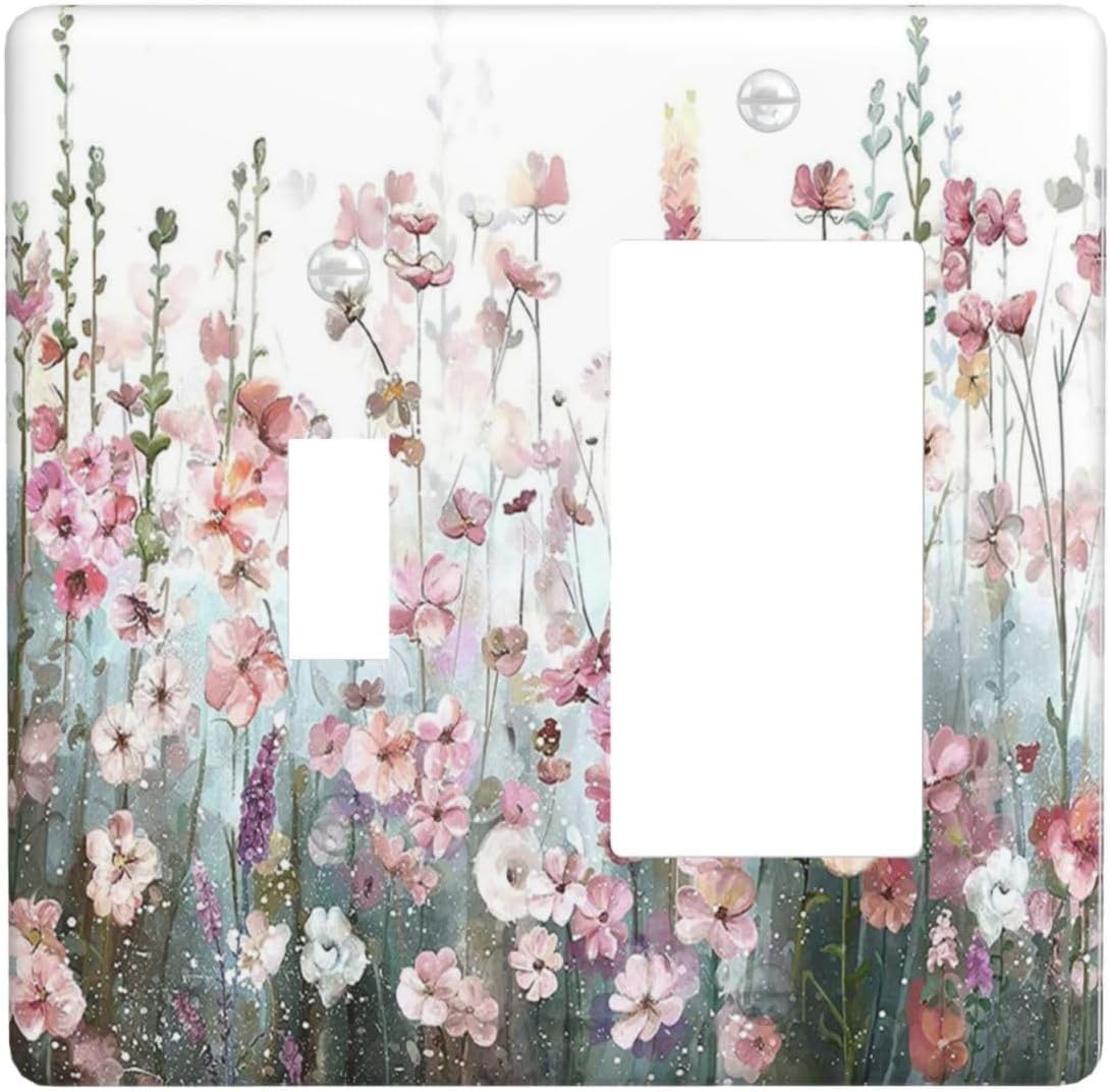 Decorative Outlet Covers Boho Watercolor Floral Country Pink Wildflowers 2 Gang 1 Gang Wall Plate Single Toggle Rocker Device Combination Light Switch Cover Plate Jumbo Switch Plate Cover image 2