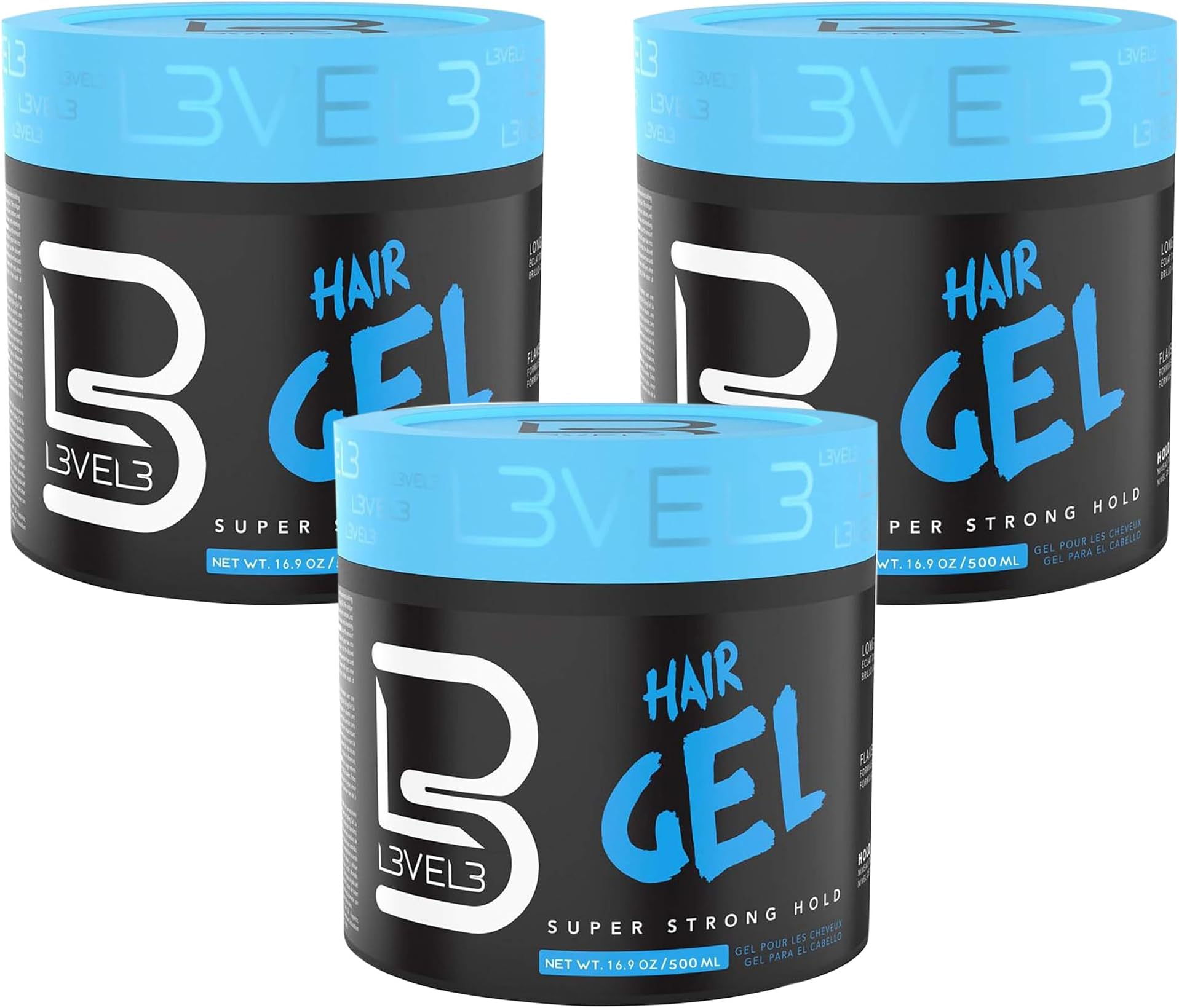 L3 Level 3 Hair Gel - Super Strong Hold - Flake Free - Long Lasting Shine For Men and Women - Level Three Gel - Add Volume and Texture - 500ml Bundle of 3