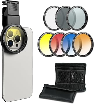 APEXEL 58mm Phone Filter Kit with Cell Phone Clip 7 Pcs CPL/ND32/Star/4-Color Graduated Filters Compatible with iPhone 17 16 15 14 Pro Max 13 12 11 & Canon Nikon Sony Cameras, with Cold Shoe Mount