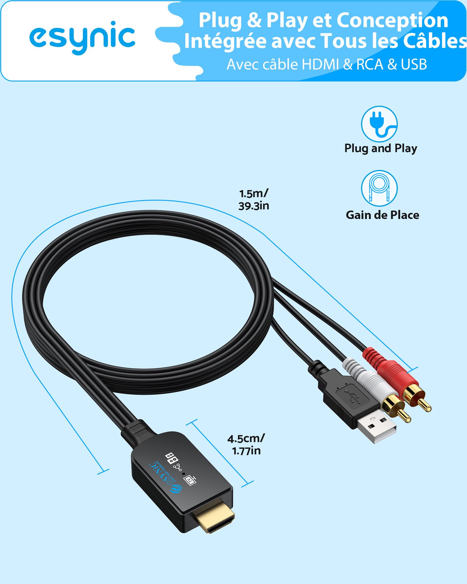 eSynic Câble Convertisseur Audio eARC/ARC vers RCA 192kHz Commande CEC Audio PCM Uniquement Pas de Dolby/DTS Adaptateur HDMI eARC/ARC vers Stéréo Analogique L/R pour TV vers Haut-parleur Amplificateur
