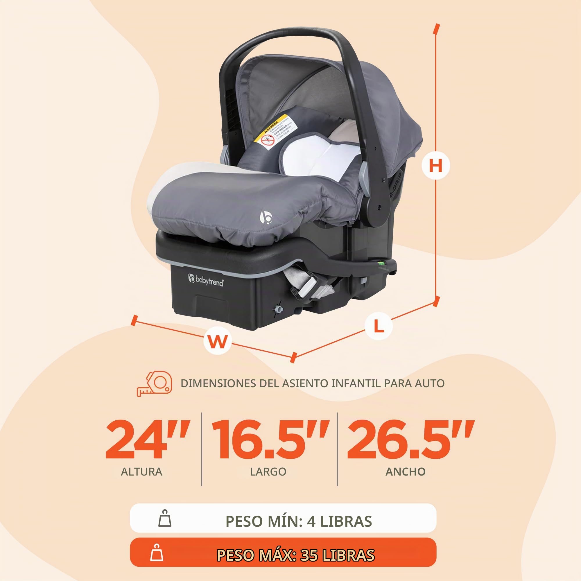 Baby Trend EZ Lift 35 Plus Asiento de coche infantil ergonómico, ligero, con orientación trasera y base multiposición con funda acogedora, color gris magnolia