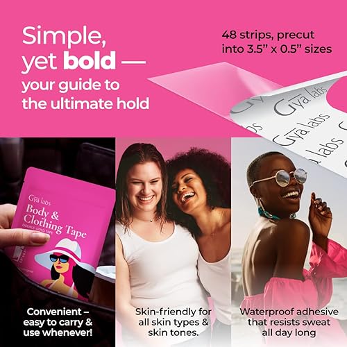 Miniatura 6 de Gya Labs Cinta de doble cara para ropa, 48 tiras de cinta de ropa fácil de aplicar y quitar, cinta de vestir de doble cara para tela a piel,