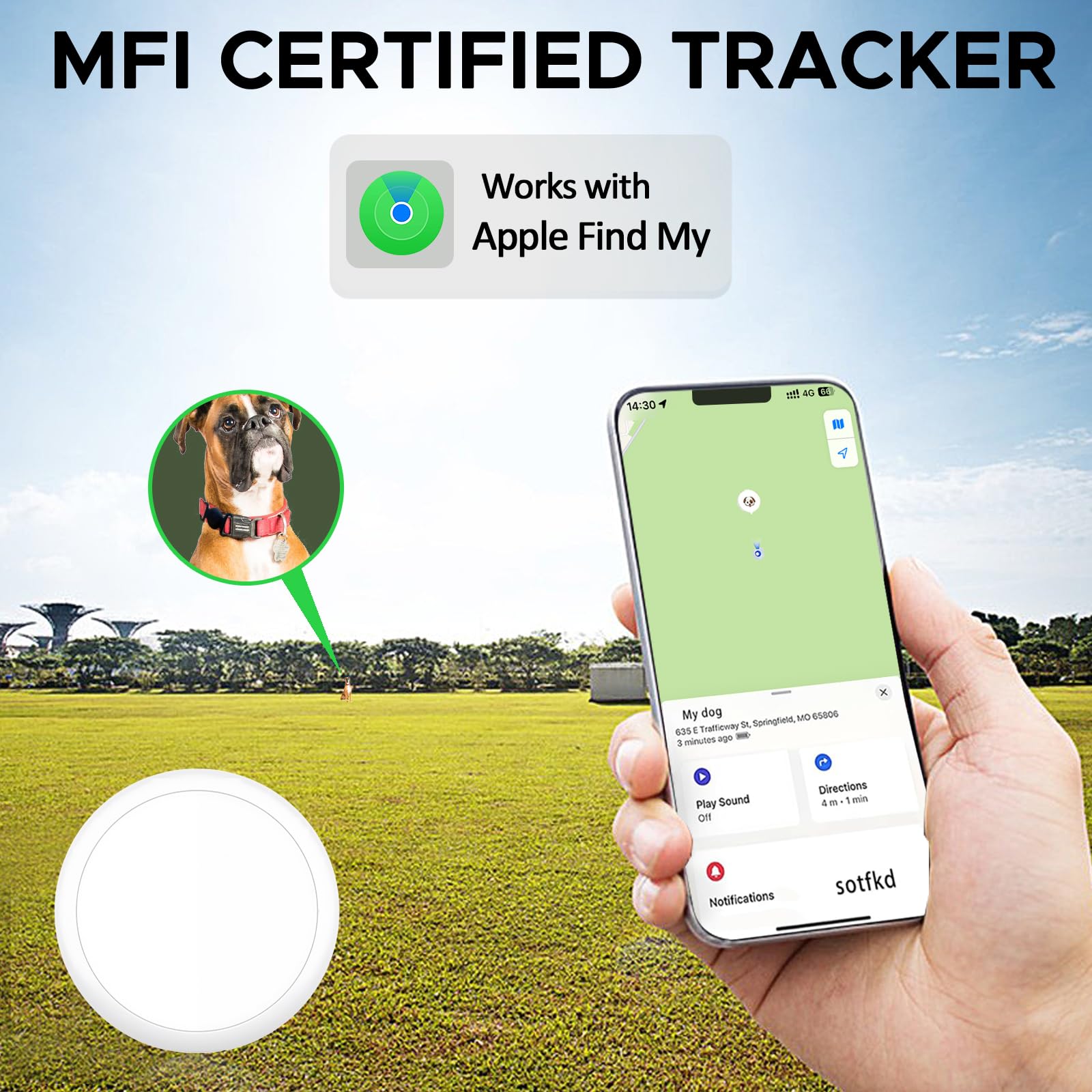 Rastreador de perros sin suscripción (iOS), rastreador de perros para collar, rastreador GPS para perros, IP67, resistente al agua, ubicación de rastreo de mascotas, 365 de larga duración de la
