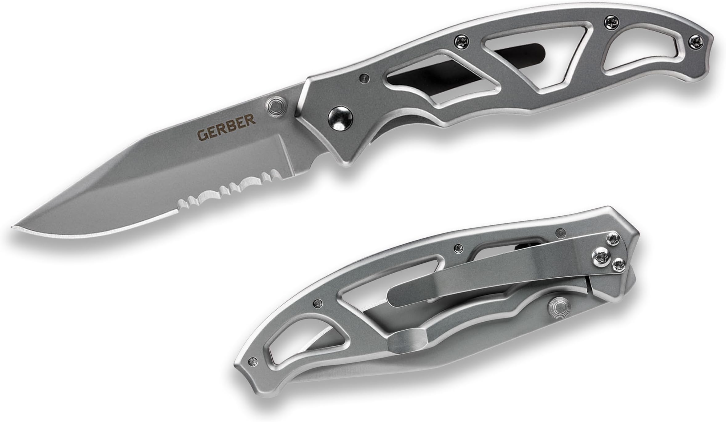 Gerber Gear Paraframe I EDC Folding Pocket Knife with Clip, 3" Serrated Edge with Safety Frame Lock, Stainless Steel