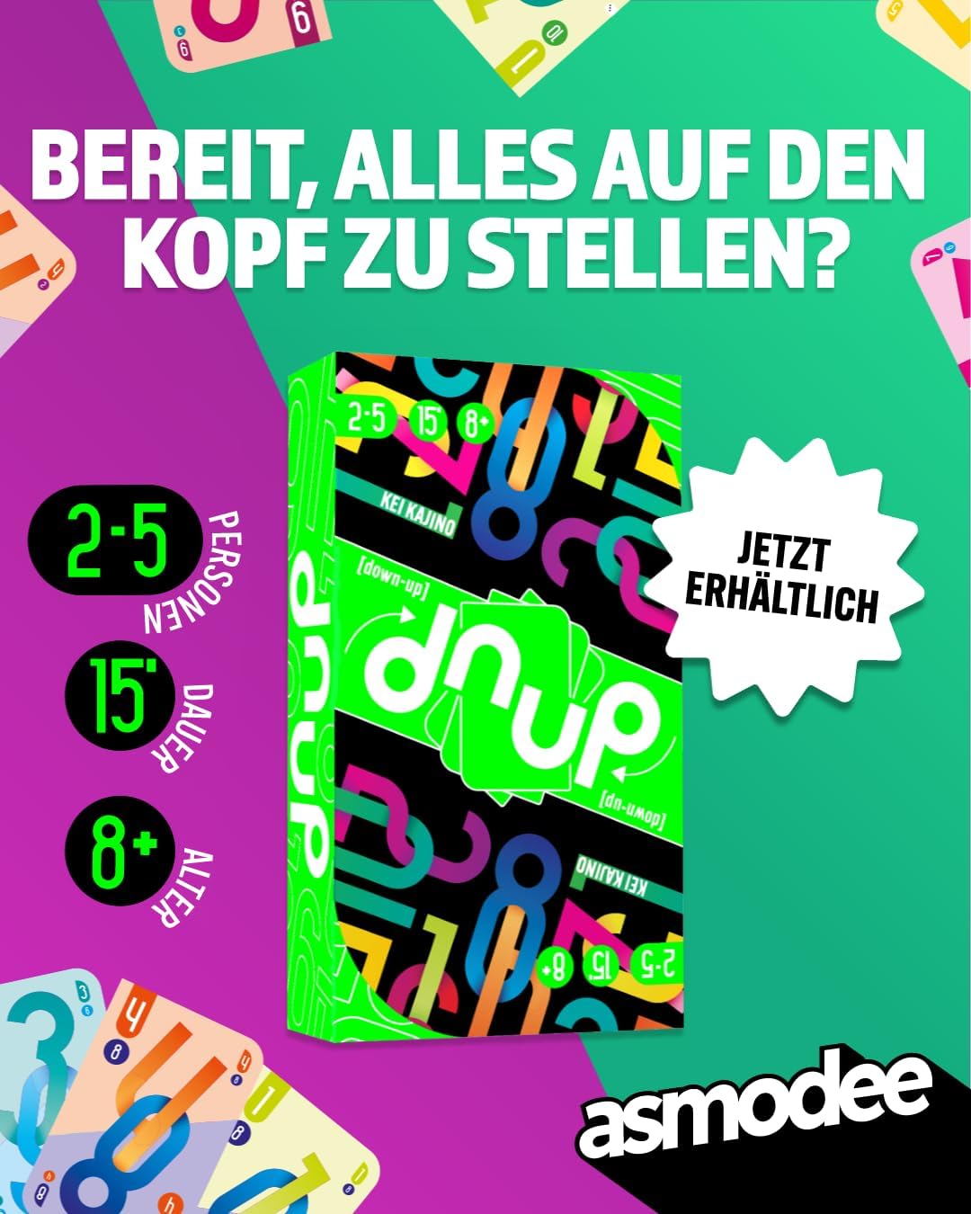 Asmodee, Dnup, fast family game for 2-5 players from 8 years old, the card game that turns everything upside down with 15 minutes playing time per game image 3