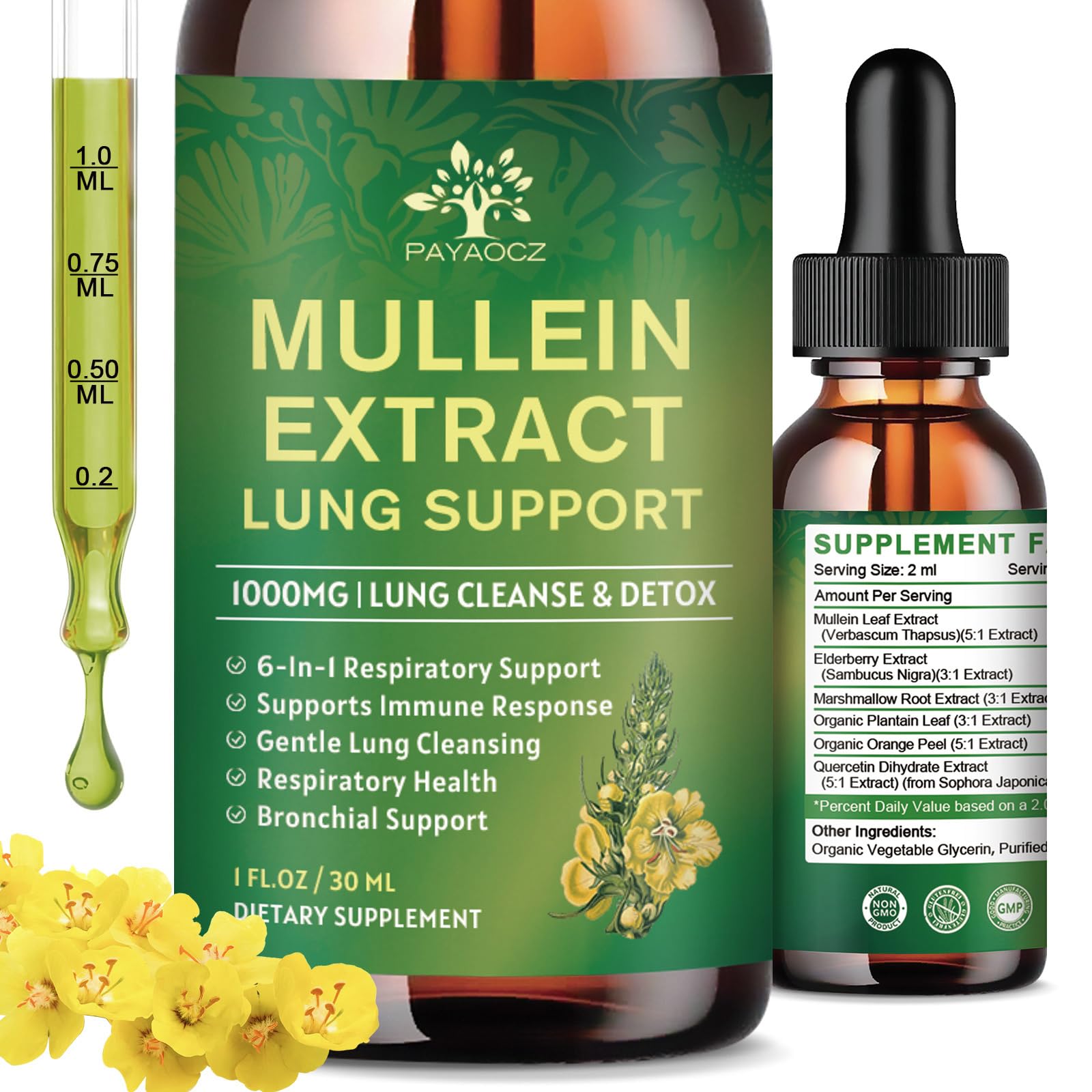 (2 Pack) 6 In 1 Mullein Drops for Lungs, Organic Mullein Leaf Extract Tincture for Lungs, Detox Cleanse & Respiratory for Breathing Health, Mullein Oil Supplement Immune Support, Vegan, 1 Fl Oz