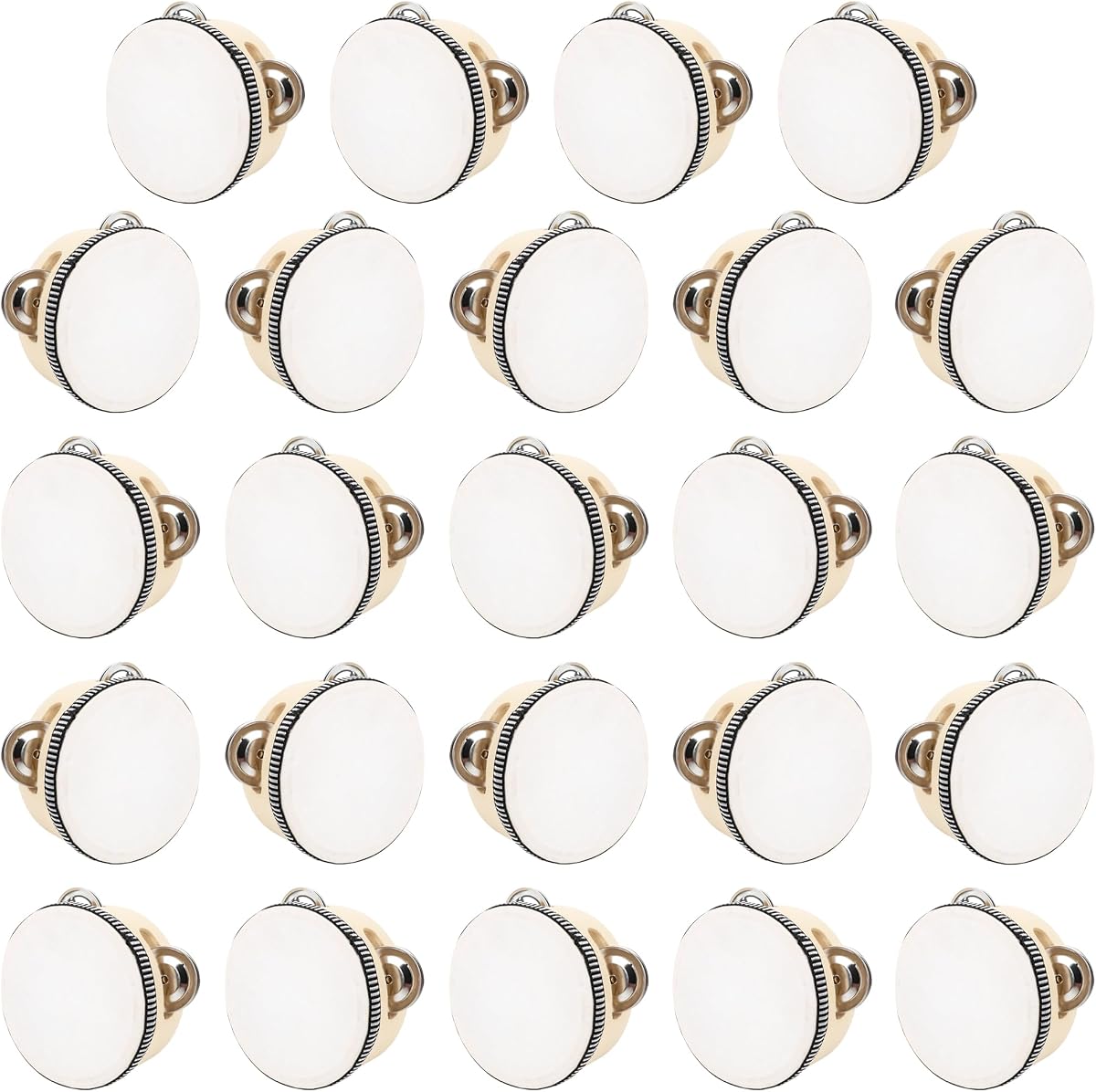 24 Pcs 4 Inch Adult Wedding Tambourines Drum Wooden Natural Handheld Drums Metal Jingles Drums Musical Instruments Percussion for Church Wedding Party Favor