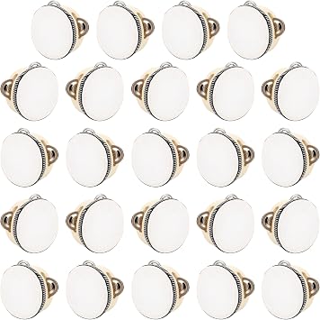 24 Pcs 4 Inch Adult Wedding Tambourines Drum Wooden Natural Handheld Drums Metal Jingles Drums Musical Instruments Percussion for Church Wedding Party Favor