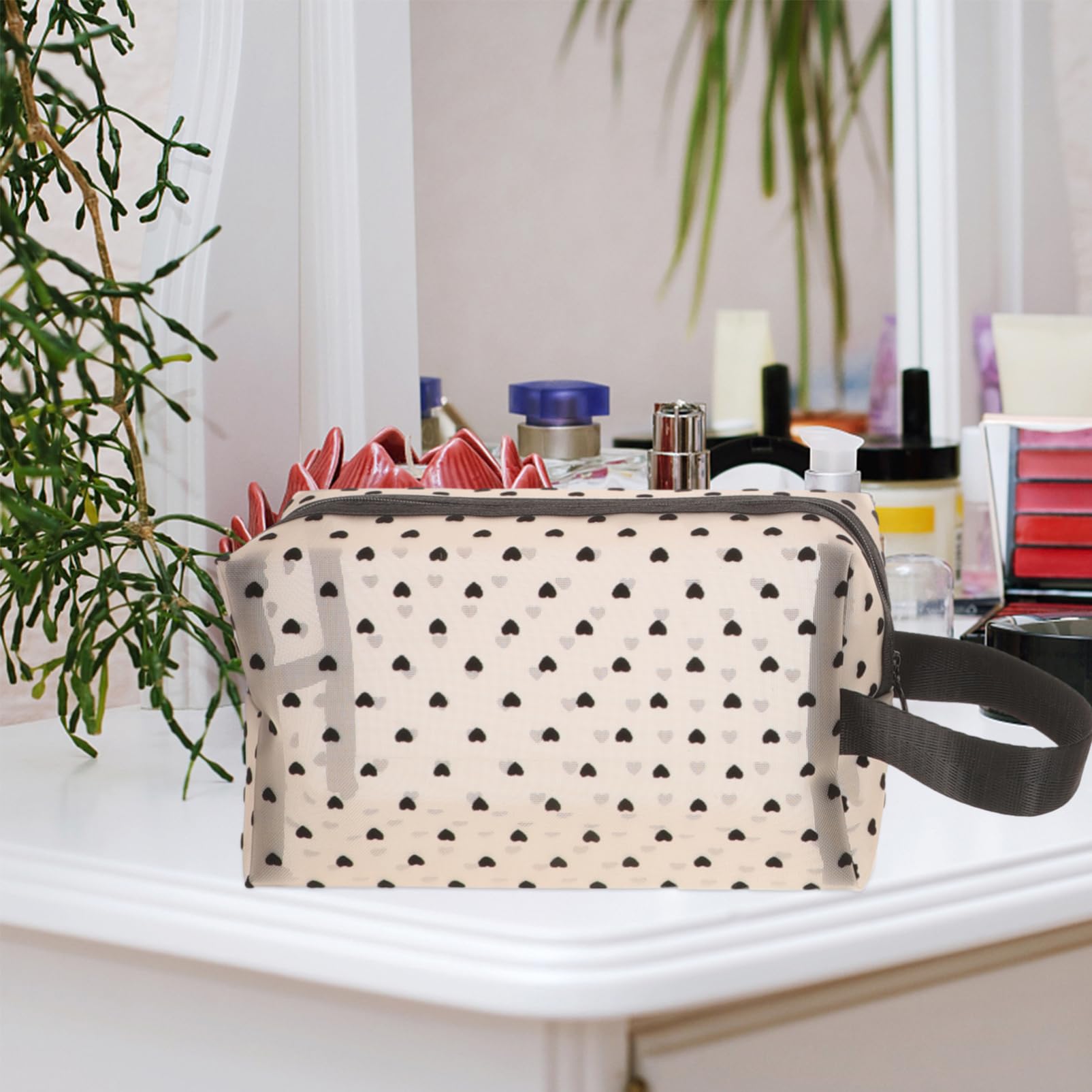 6 Stck Teiliges Set Herz Make Up Taschen aus Mesh für Tragbare Kosmetiktaschen mit Reißverschluss für Reisen und Aufbewahrung von Make Up und Lippenstiften