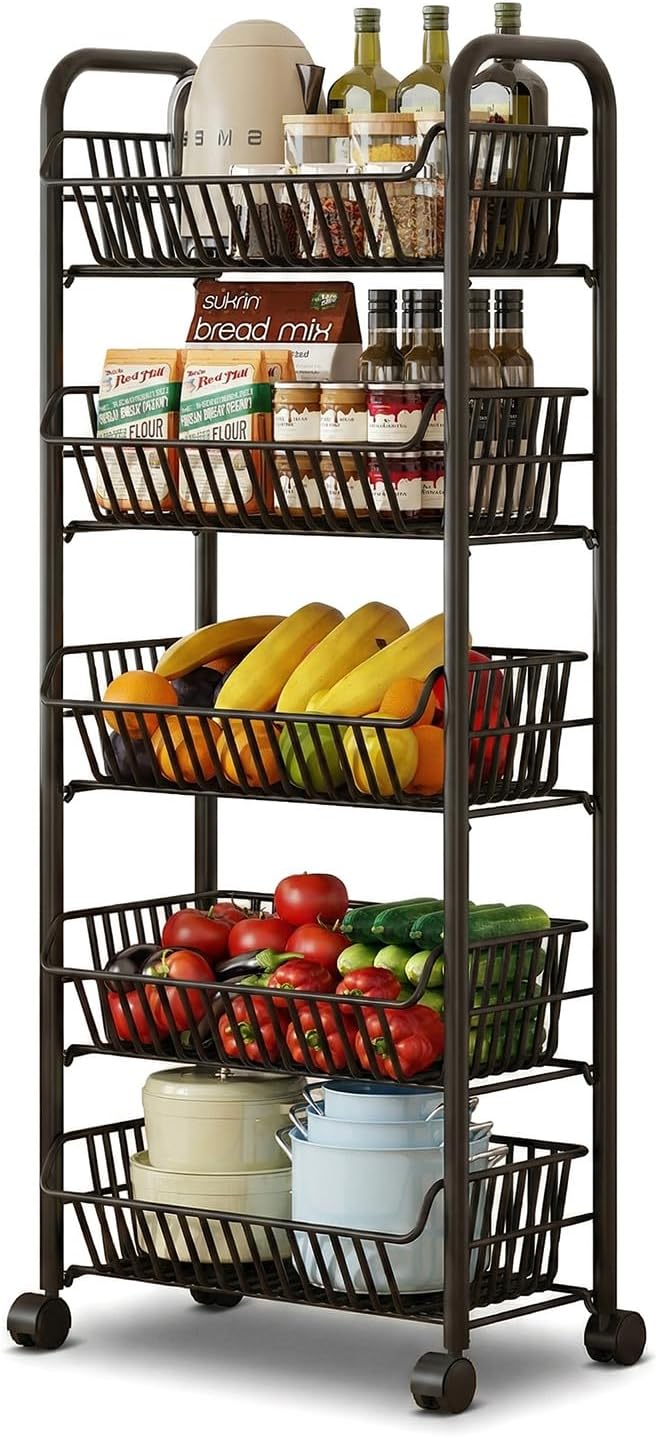 Kitchen Storage Cart 5 Tier, Fruit and Vegetable Storage Basket with Wheels, Easy 5-Min Assembly, Rolling Utility Cart for Pantry Organizer, Large Capacity Metal Rack for Potato, Onion, Snack
