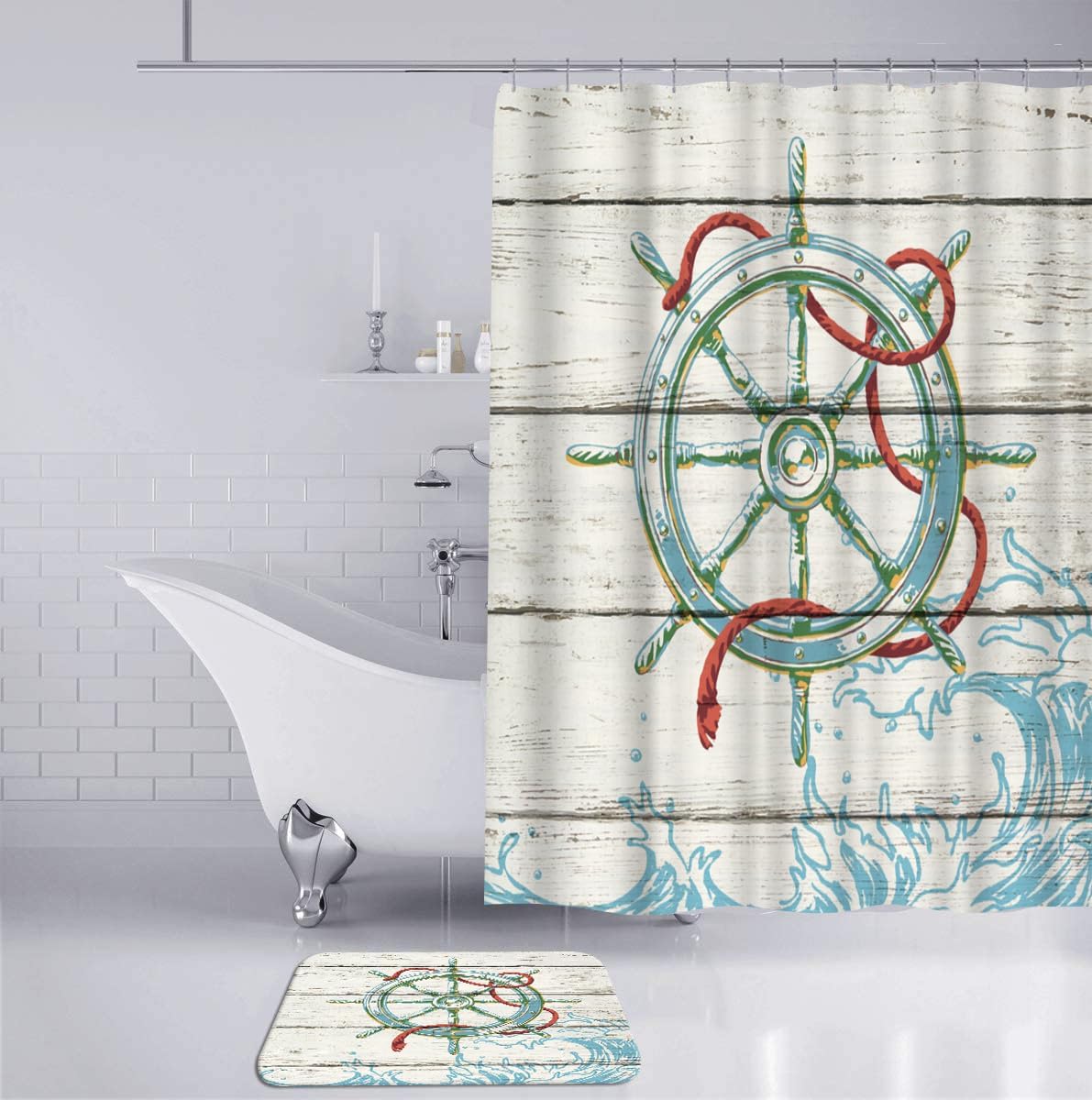 Nautical Shower Curtain Set with Bath Rugs Ocean Theme Rustic Wood Background 4 Piece Bathroom Decor