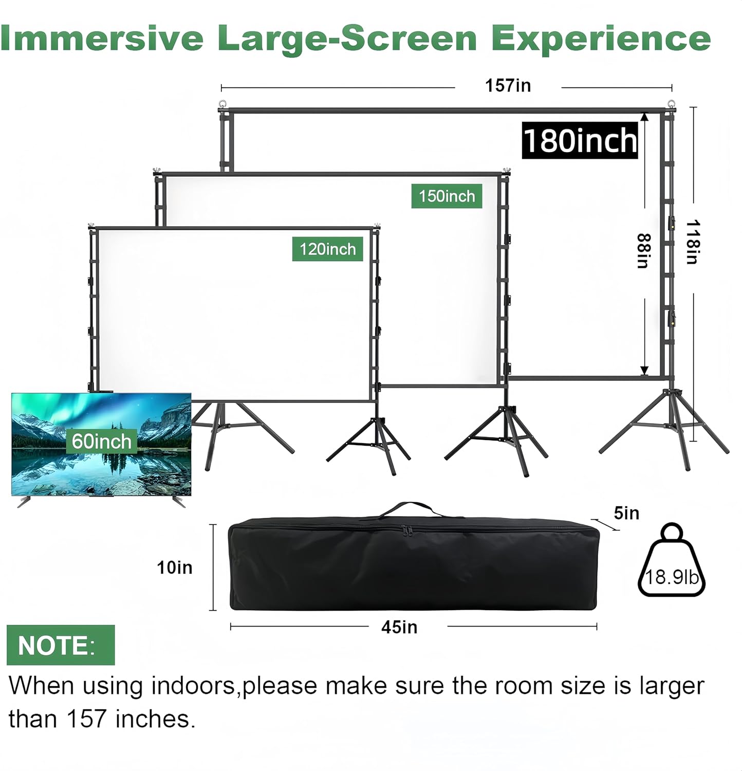 Projector Screen and Stand, 180 inch Outdoor Projection Screen 15 FT Large Portable Movie Screen Wrinkle-Free 16:9 4K Rear Front Foldable Washable with Carry Bag for Backyard Theater Movie Night