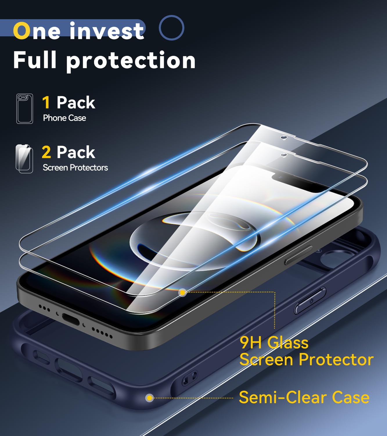 iVoler Cover Opaca per iPhone 16e con 2 Pezzi Pellicola Vetro Temperato, [Antiurto di Grado Militare] [Protezione Fotocamera] Custodia Traslucida Sottile Anti-Impronte Case - Blu