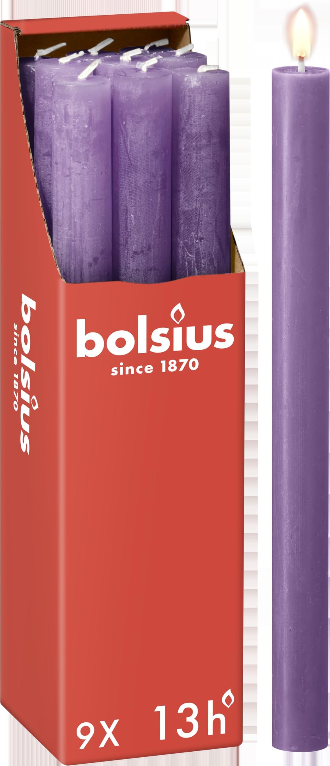 Bolsius Purple Rustic Dinner Candles - Pack Of 9 - Long Burning Time Of 13 Hours - Household Candle - Interior Decoration - Unscented - Includes Natural Vegan Wax - 27 X 2.3 Cm