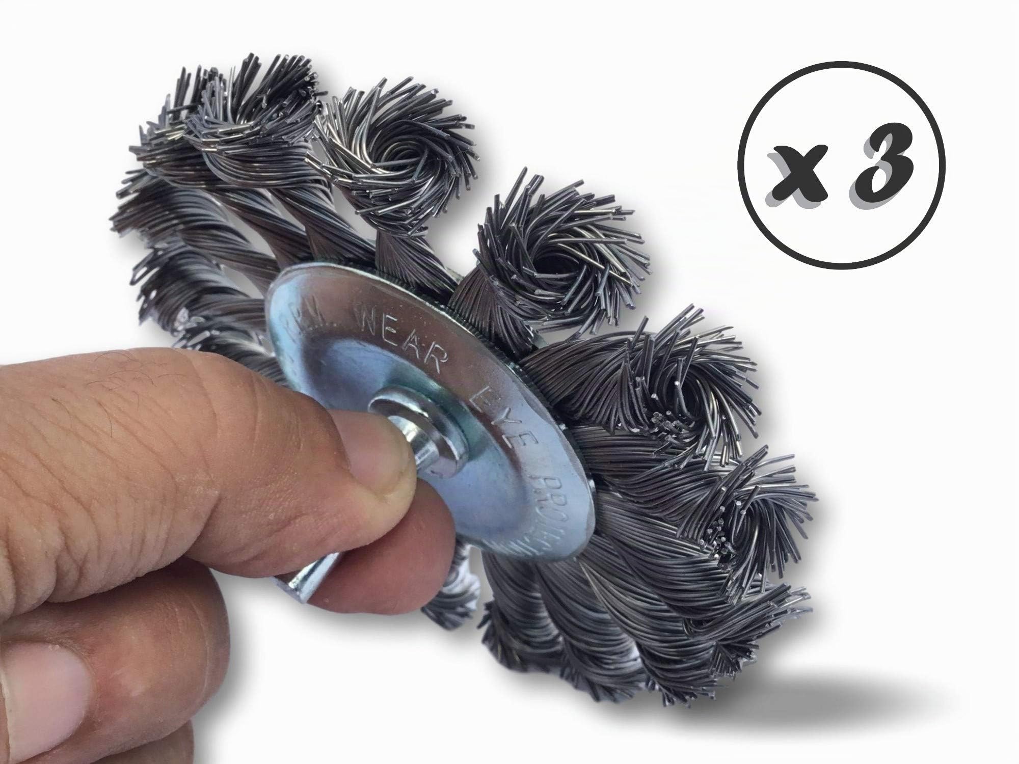 Lot de 3 brosses circulaires métallique plates à mèches torsadées pour perceuse | Ø 100 mm | Fil acier torsadé 0.40 mm (dur) | Sur tige Ø 6 mm | Ponçage décapage rouille peinture | Kibros 26100TO8x3
