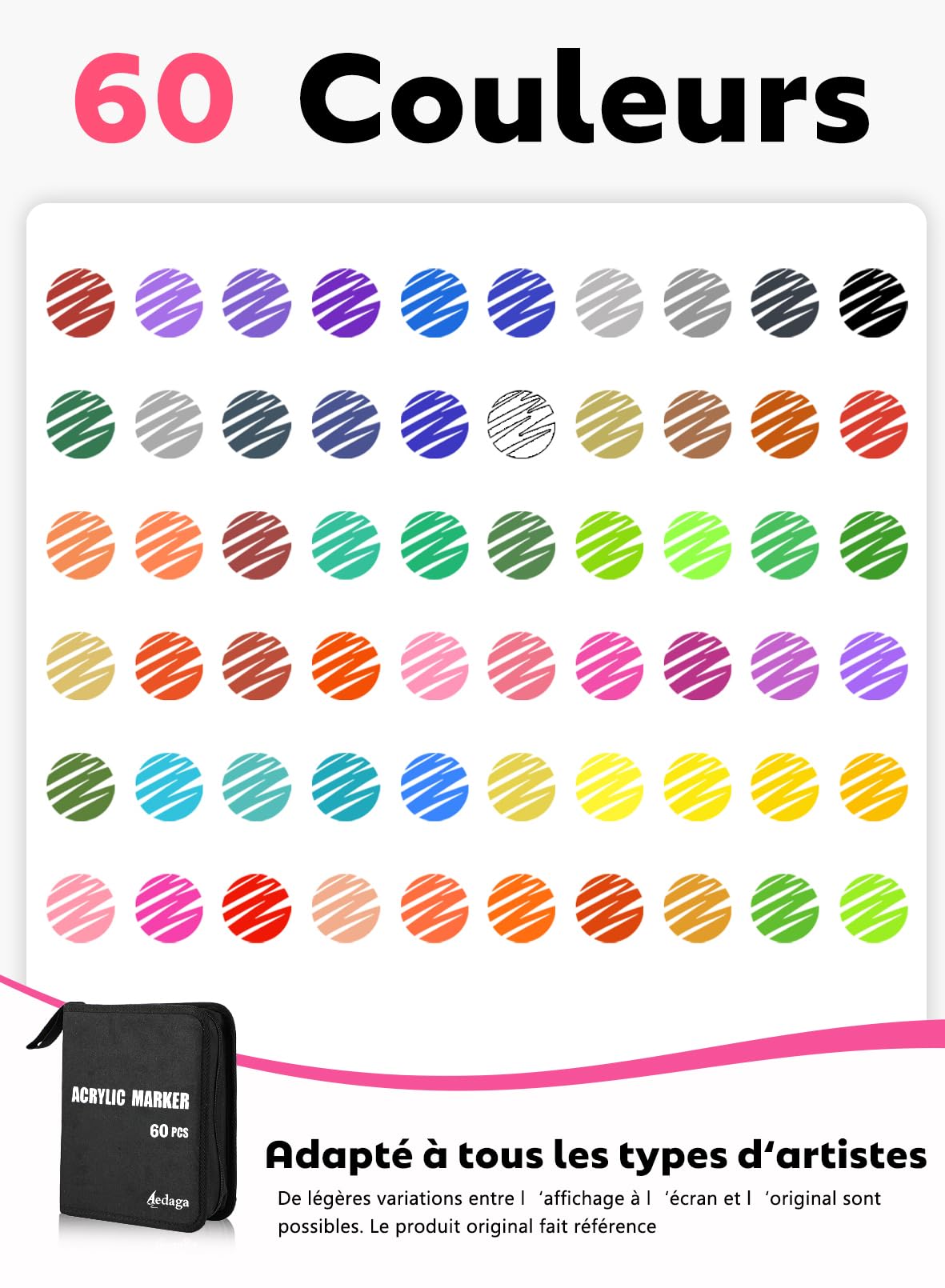 60 Couleurs Feutre Acrylique Double Pointe (Pinceau & Fine)