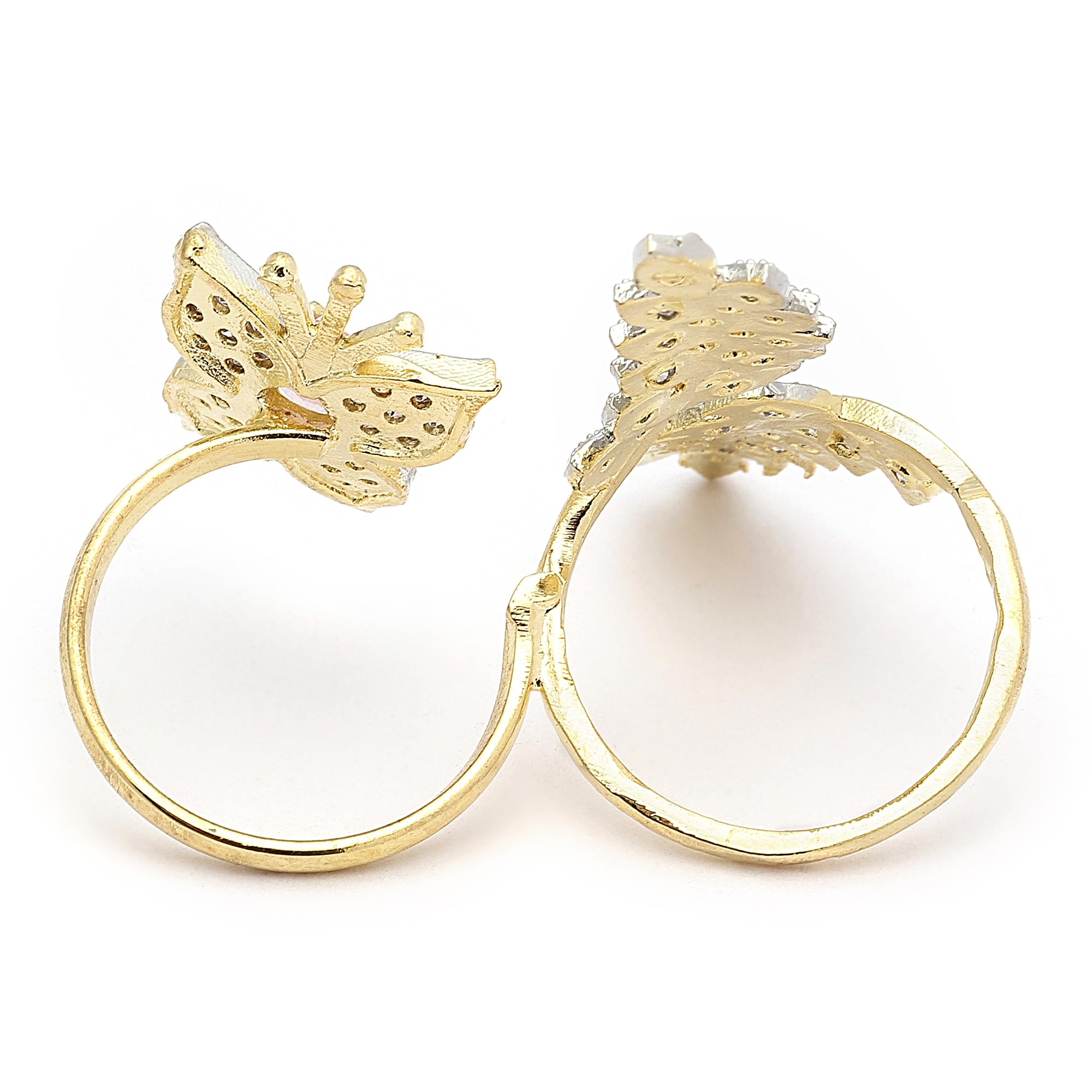 Gold-Plated Butterfly & Leaf AD Double Finger Ring