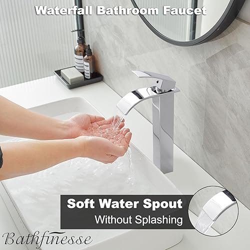 Miniatura 3 de Bathfinesse Grifo de baño de cromo pulido para fregadero de recipiente, grifo de lavabo de acero inoxidable alto, de una sola manija, un agujero,