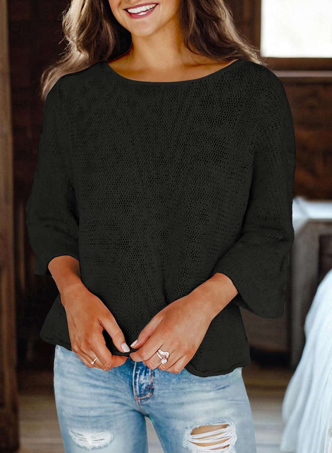 Dokotoo Womens 2026 Spring Summer Casual Crewneck 3/4 Sleeve Striped Lightweight Knit Trendy Boho Tops Pullover Sweaters - Image 3