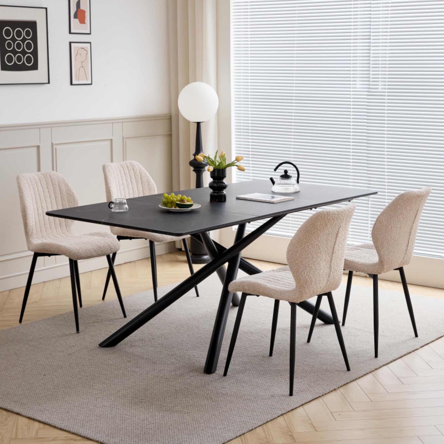 GrandCA HOME Tavolo da Pranzo Rettangolare, Tavolo da Cucina Moderno da 180 cm, Ampia Scrivania in MDF con Gambe in Metallo, per Sala da Pranzo, Soggiorno, Ufficio (Marmo Nero)