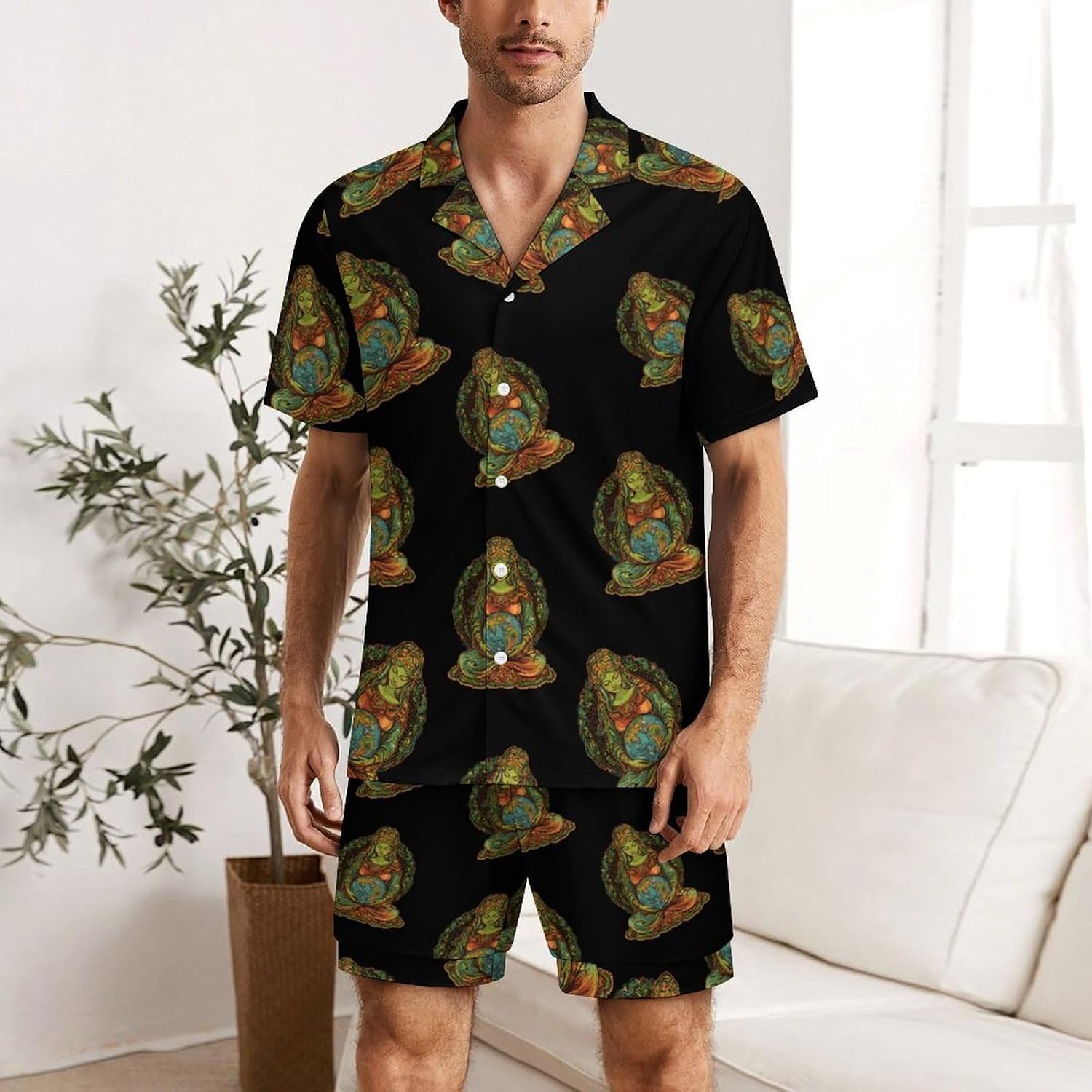 Gaia Greek Goddess of Mother Earth Men's Short Sleeve Pajama Set Satin Silk Like Lounge Sleepwear