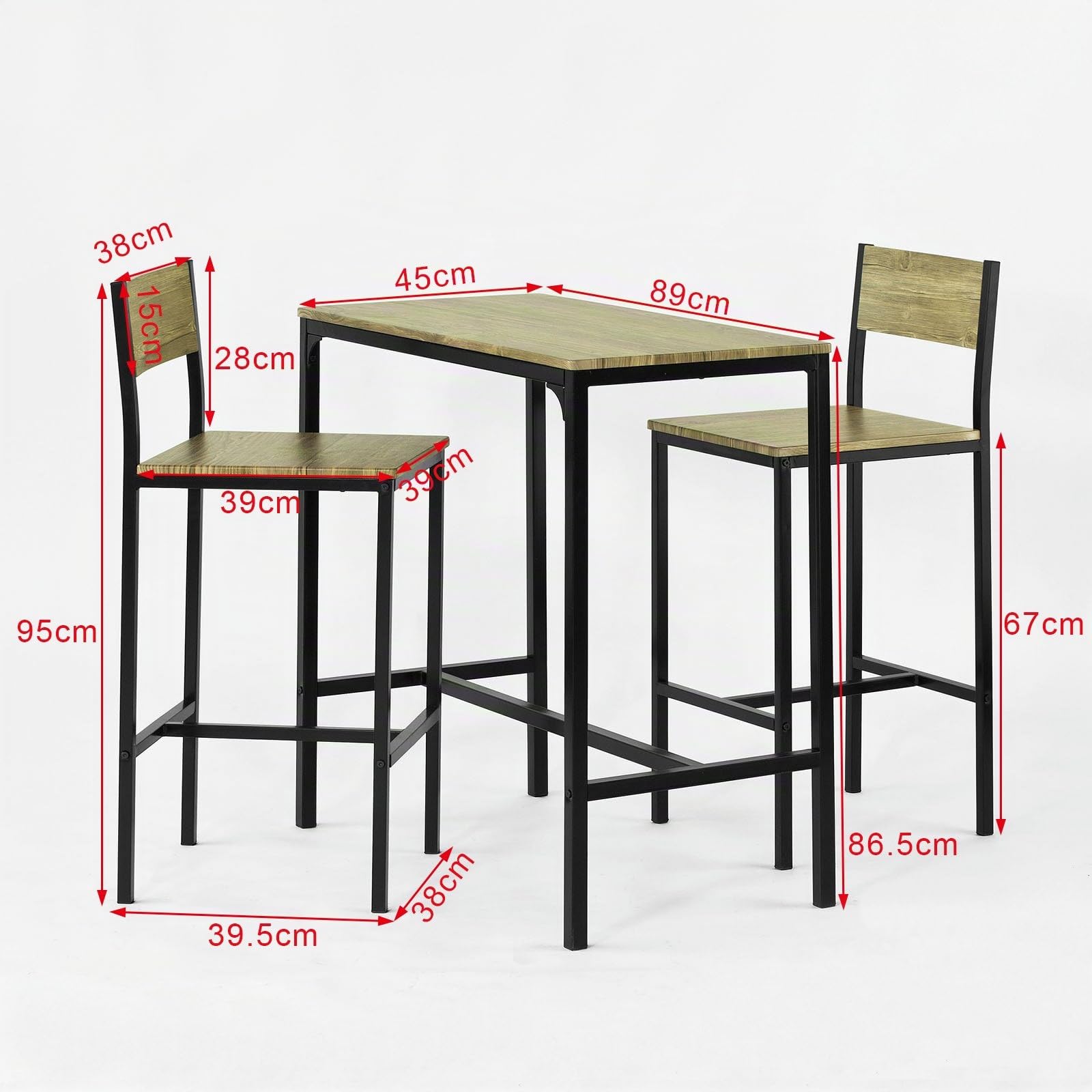 SoBuy Ensemble Table Haute de Cuisine 87 cm avec 2 tabourets de Bar – Meuble Bar Compact Mange Debout pour Petit Espace, Balcon, Salon ou Cuisine – Style Industriel Bois et métal OGT03-N
