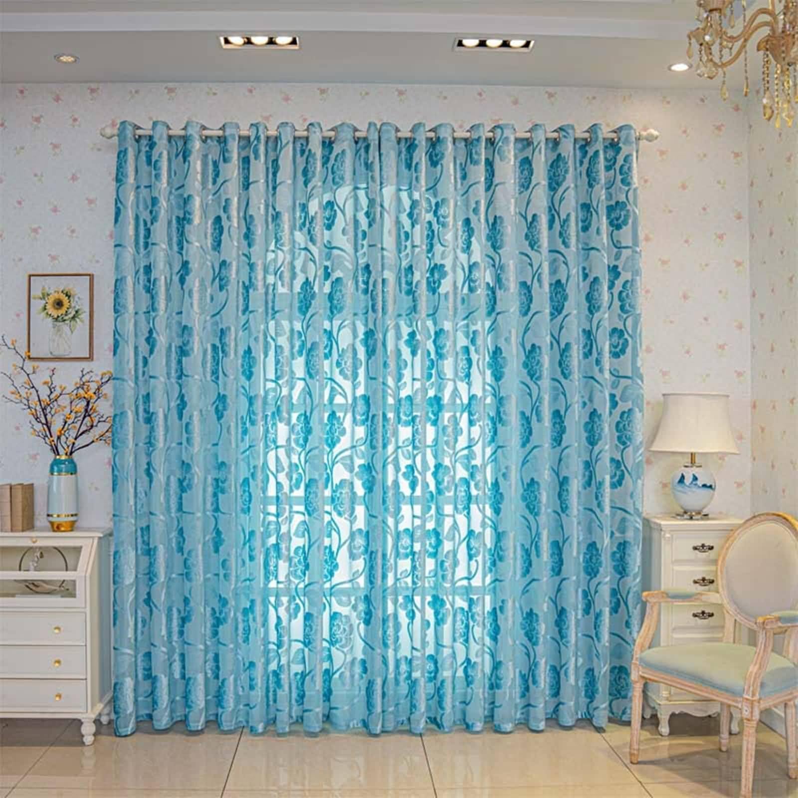 Rideau voilage bleu à oeillets jacquard 86x214cm pour fenêtre de chambre