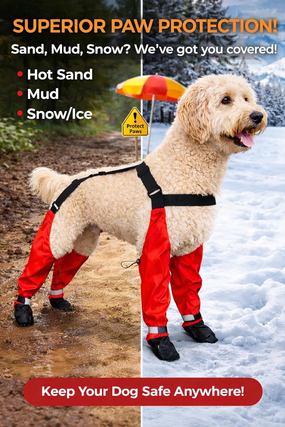 Premium Dog Suspender Boots – Anti-Slip Waterproof Paw Protectors for Small & Medium Dogs – Luxury Quality for Beach, Snow, Mud – Adjustable Outdoor Safety. (Red, Extra Small)