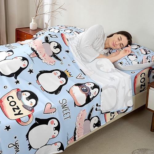 Miniatura 2 de Manfei Juego de sábanas de pingüinos de dibujos animados, tamaño King, bonito juego de ropa de cama de animales árticos para niños y niñas,