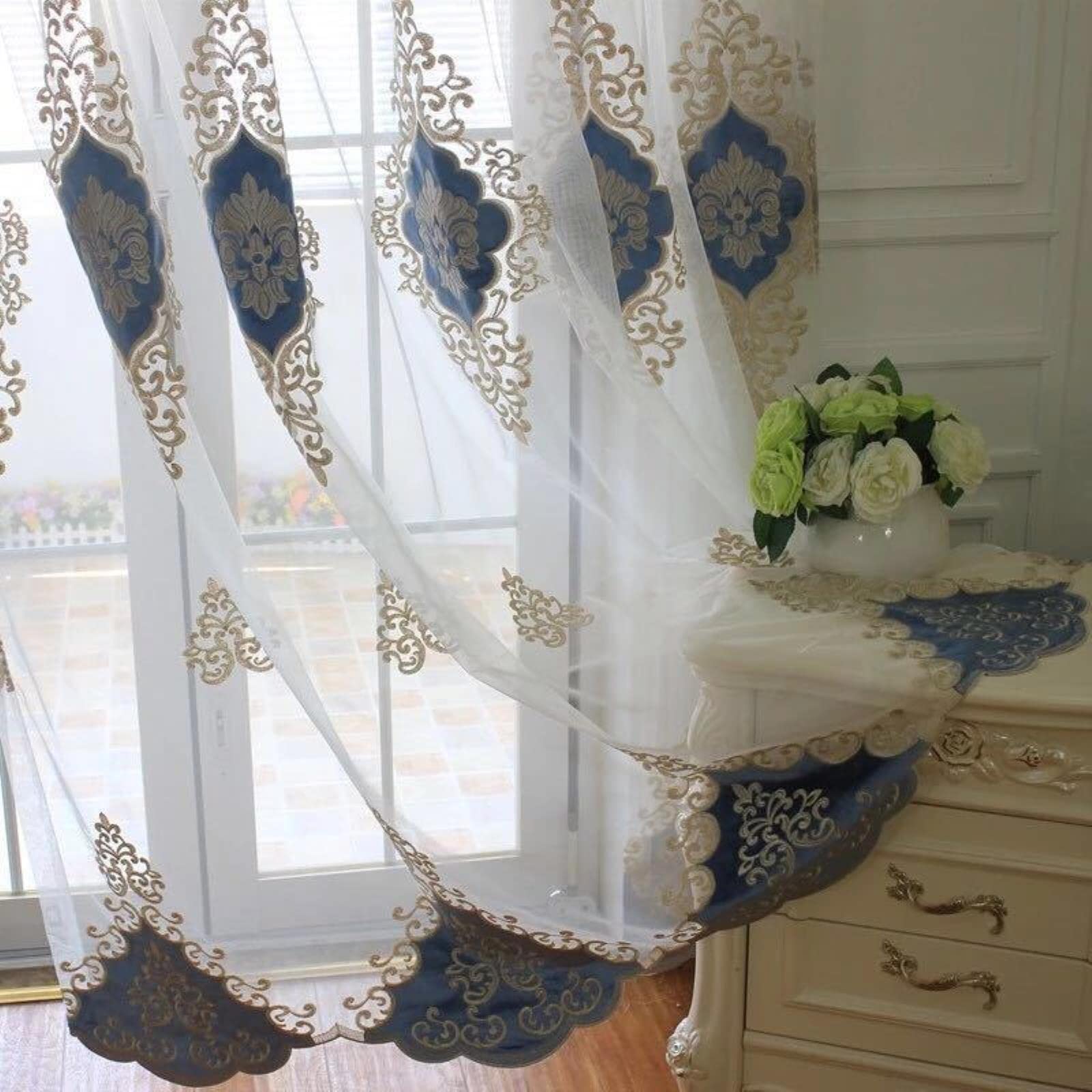 Style européen Bleu brodé fenêtre écran Tulle pour Chambre Luxe café drapé Voile Rideaux pour Salon