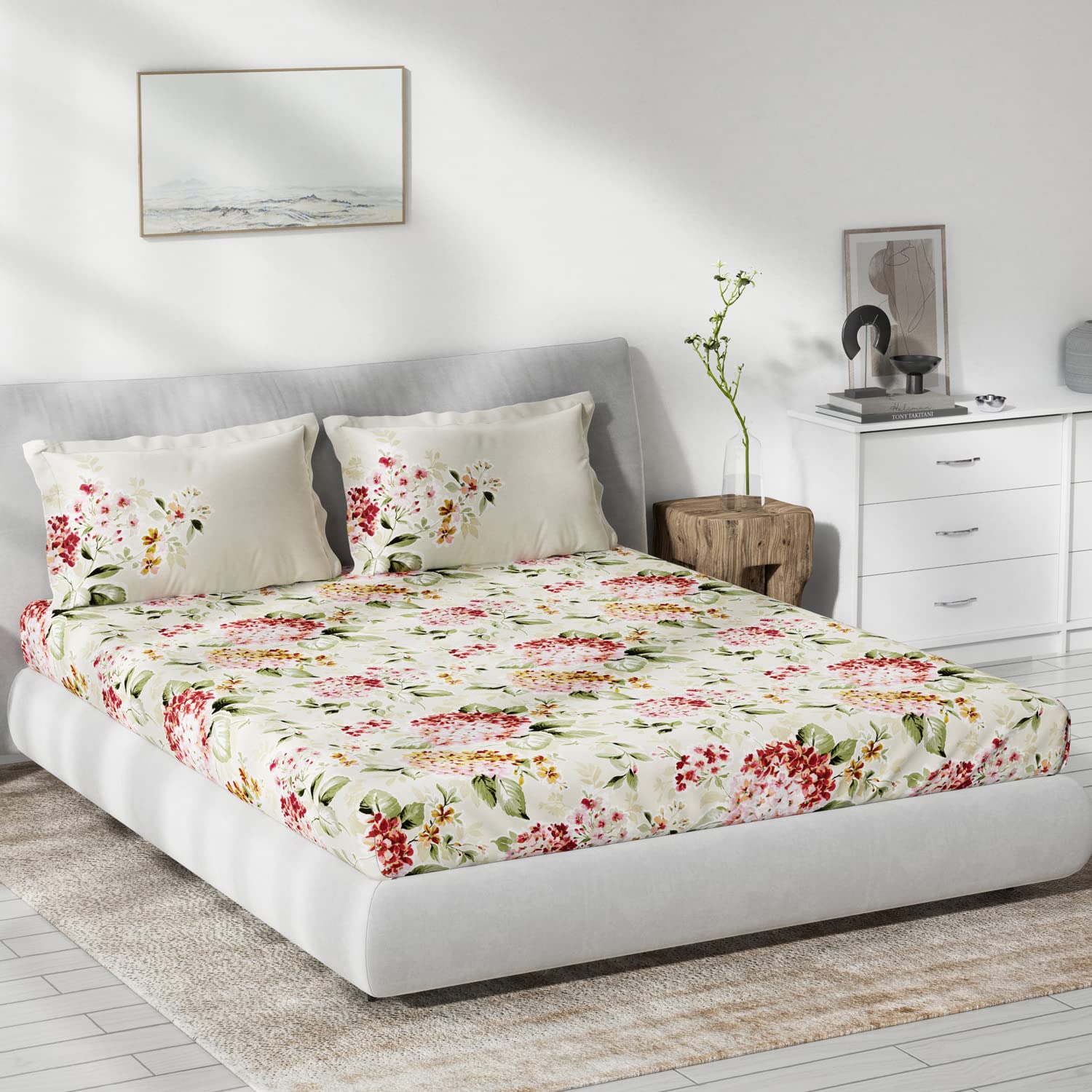 D'Decor Live Beautiful Dream Flower Floral 136TC Double Bed Sheet Set with Two Pillow Covers - Multi