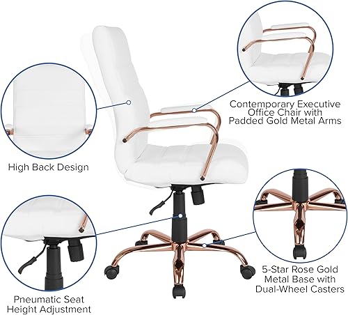 Miniatura 10 de Flash Furniture - Silla giratoria ejecutiva Whitney para oficina, con respaldo alto de LeatherSoft blanco y montura color oro rosa, con reposabrazos