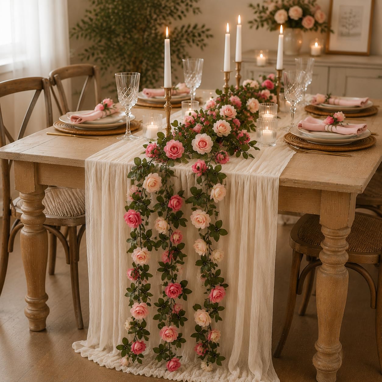 LZJDHKJ 6Pcs Artificial Flower Garland Silk Fake Flower Greenery Vines for Wedding Home Party Table Runner Centerpiece Decoration light pink,One Size