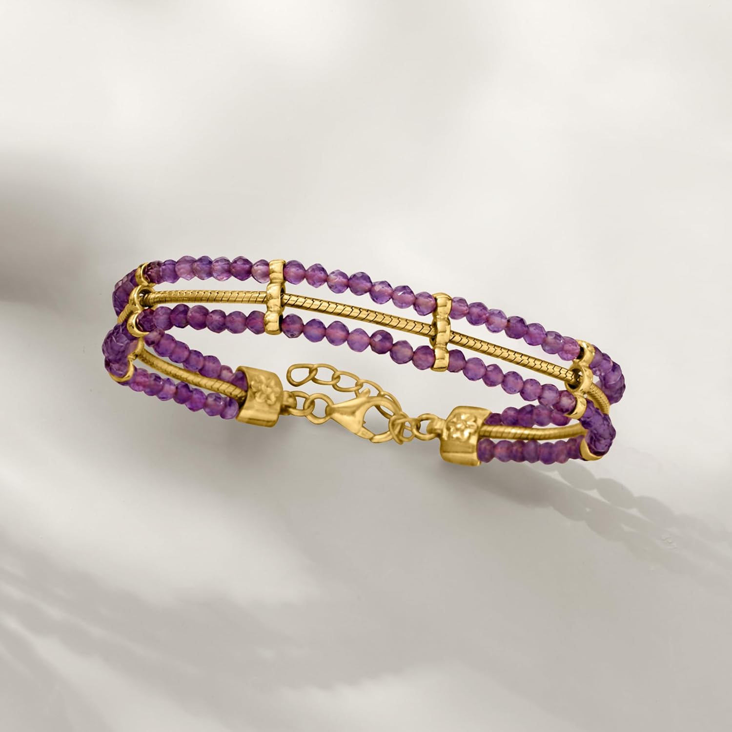 Ross-Simons 15.00 ct. t.w. Amethyst Bead and Snake-Chain Bracelet in 18kt Gold Over Sterling. 7 inches