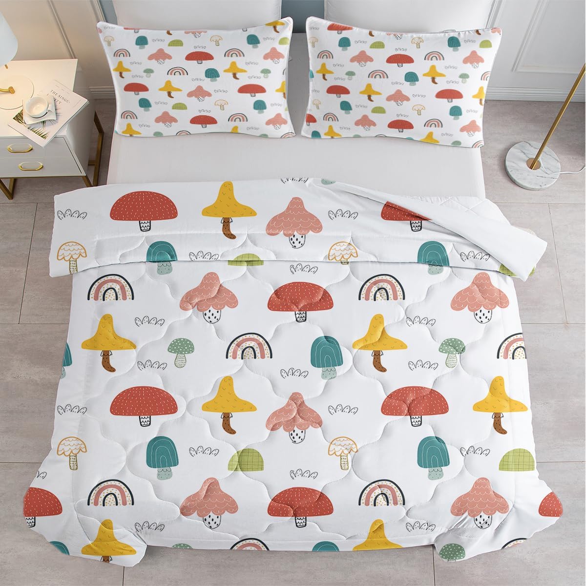 SOULZZZ Girls Rainbow Mushroom Comforter Colorful Trippy Cartoon Mushroom Bed Set Twin Size for Kids Boys Teens Wild Garden Plant Rainbow Kawaii Bedding Set with 2 Pillowcases