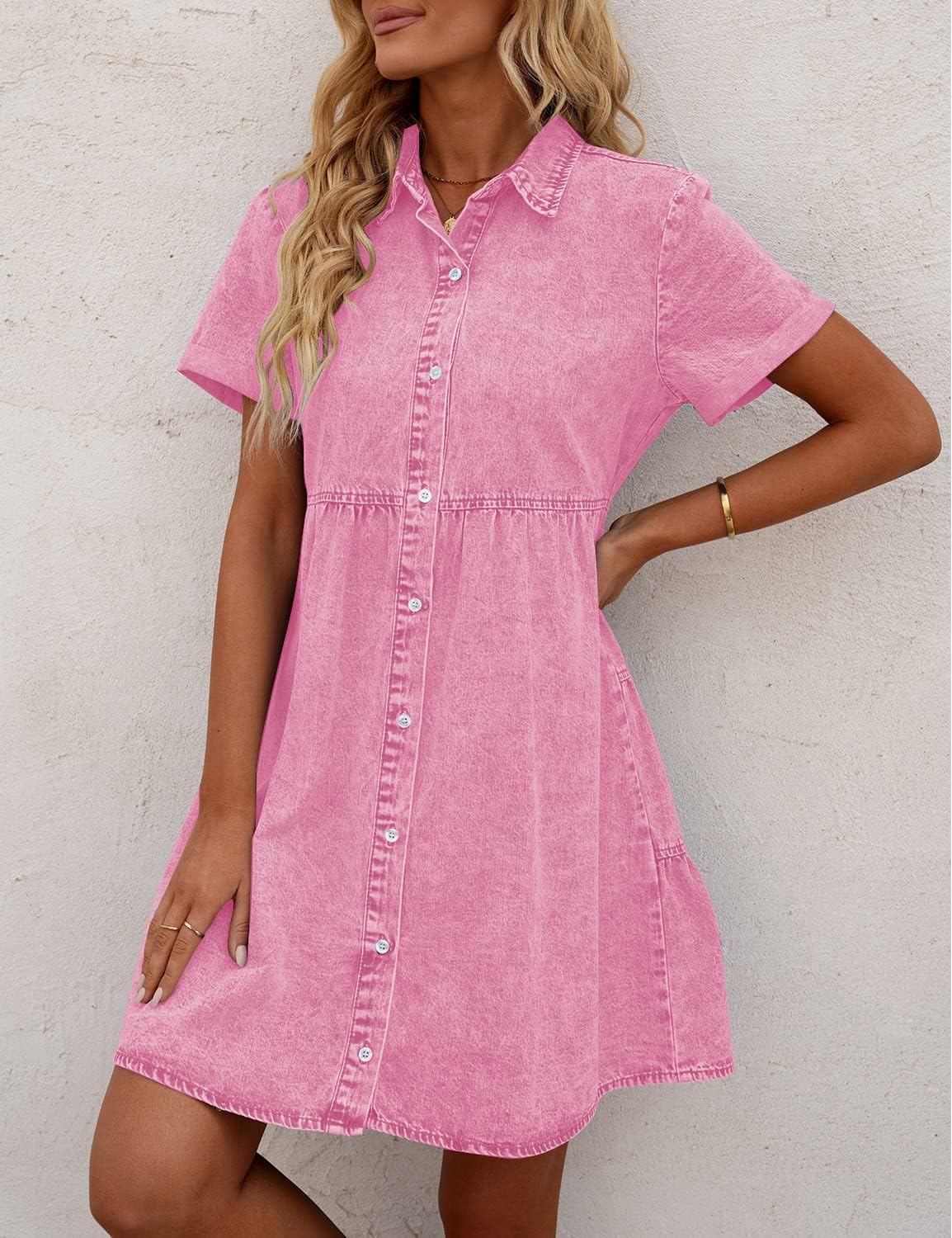 GRAPENT Denim Dress for Women Babydoll Tiered Short Sleeve Button Down Jean Shirt Dresses - Image 4